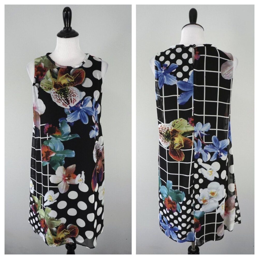 Frank Lyman Black White Blue Floral Sleeveless Formal Shift Dress Size 6
